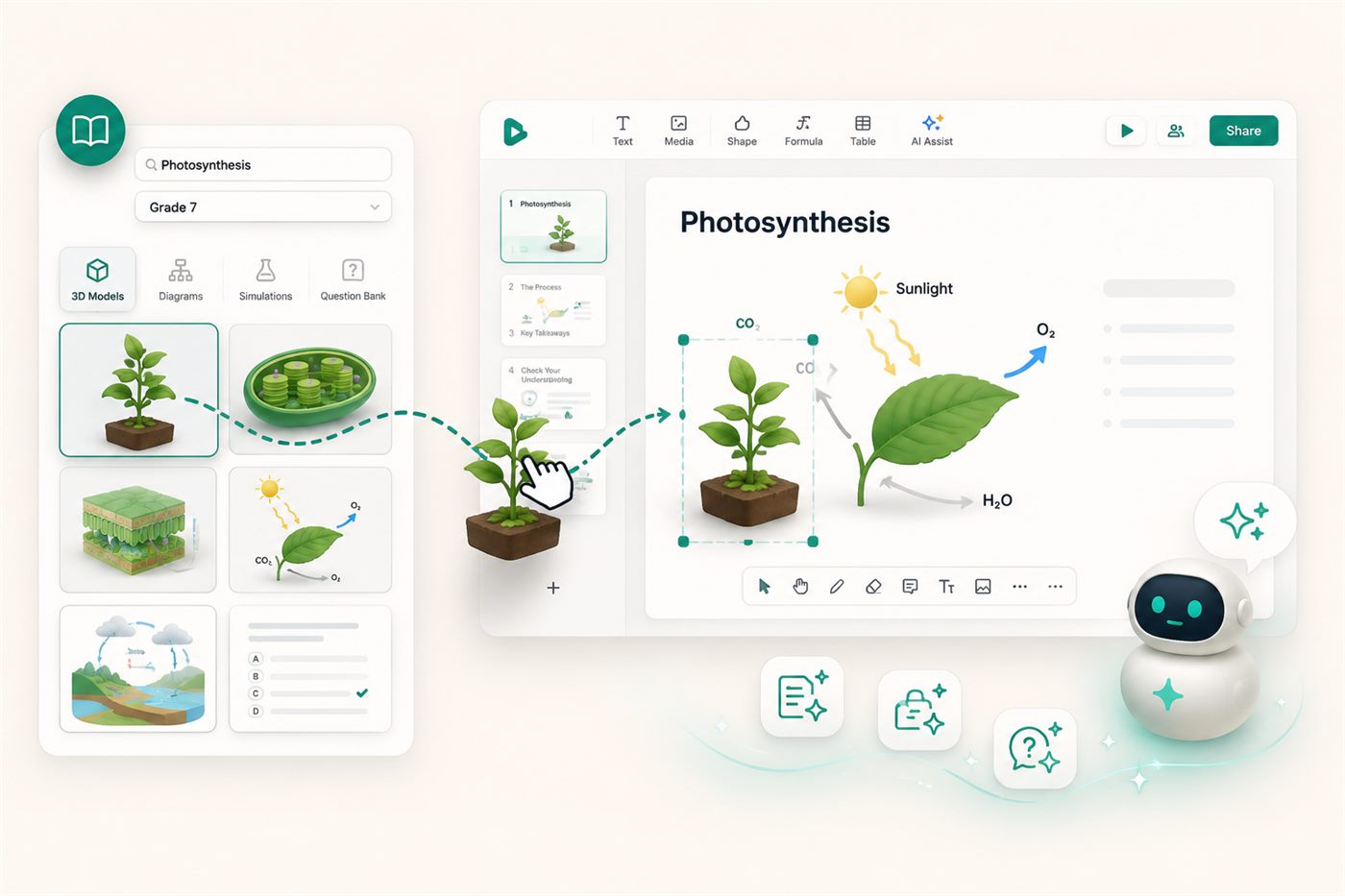 Prezuva curriculum-aware AI lesson builder showing photosynthesis resources being added to an editable slide