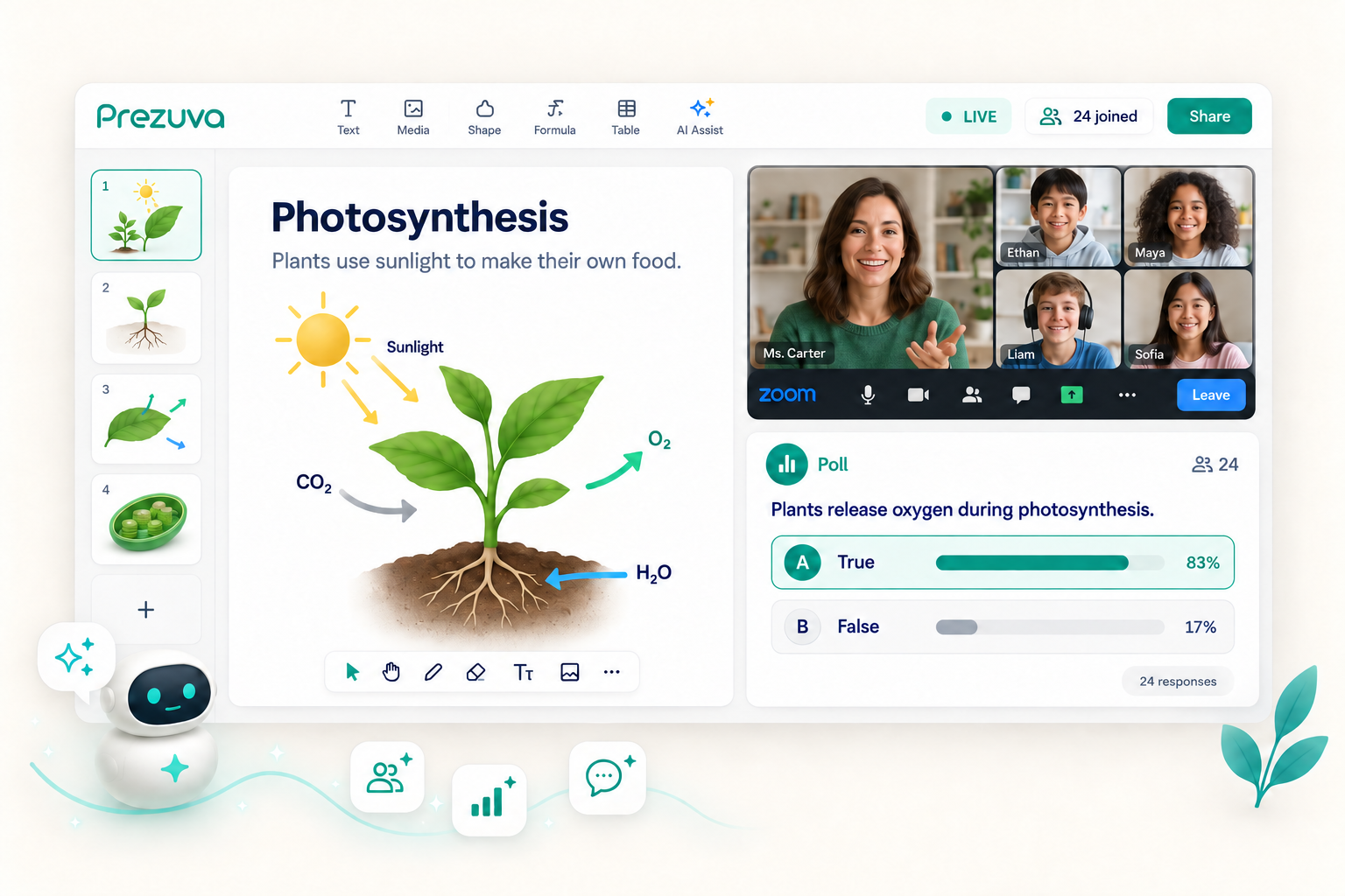 Prezuva lesson with an embedded Zoom class and live student poll in one interface